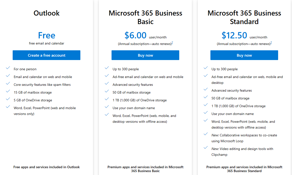 Microsoft Business Pricing Page