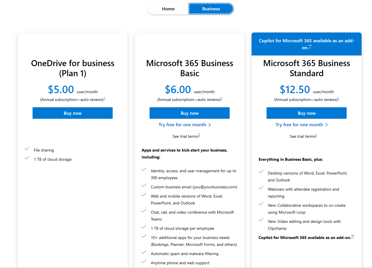 OneDrive Pricing Page